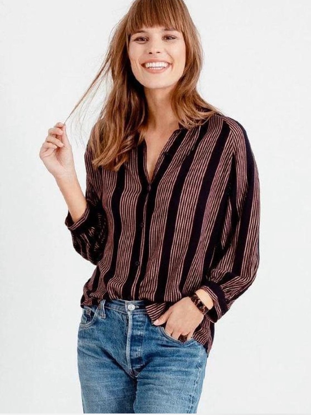Rails Edith Top in Midas Stripe pattern with metallic thread. Women’s large.